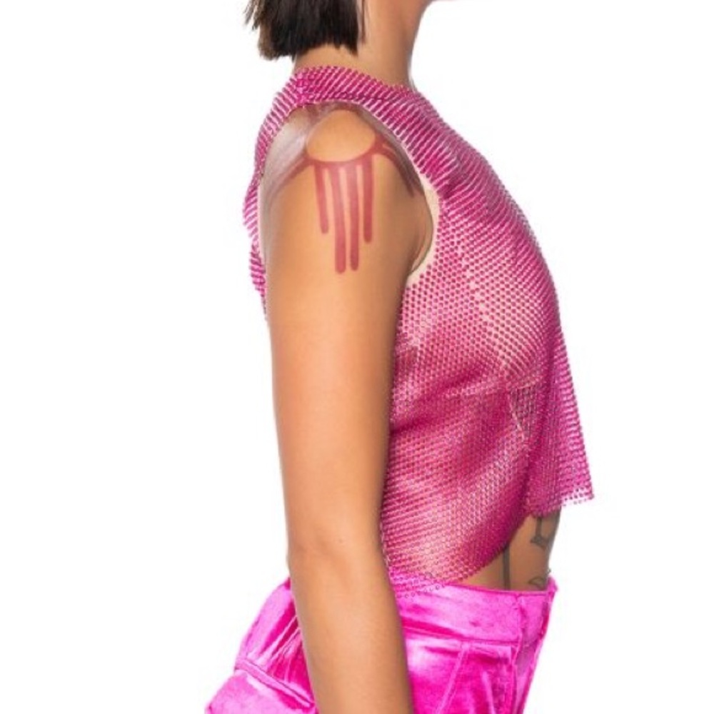 •Zelda• Rhinestone Mesh Sleeveless Crop Top In Fuchsia - Picture 4 of 4